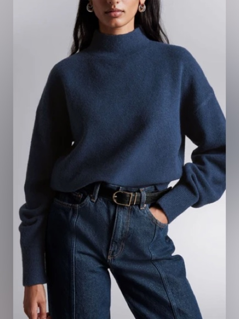 Tahari Cashmere Sweater Funnel Neck Loose Soft Long Sleeve Navy Large